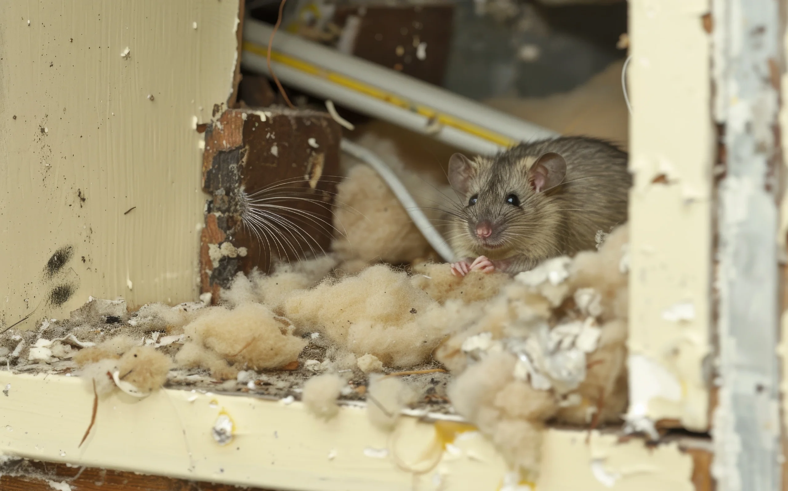 A rat in a wall surrounded by ruined insulation.