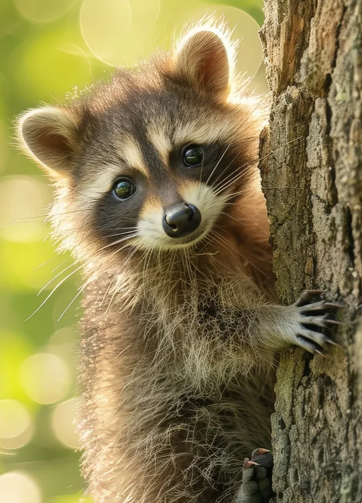 Raccoon hanging on the side of a tree.