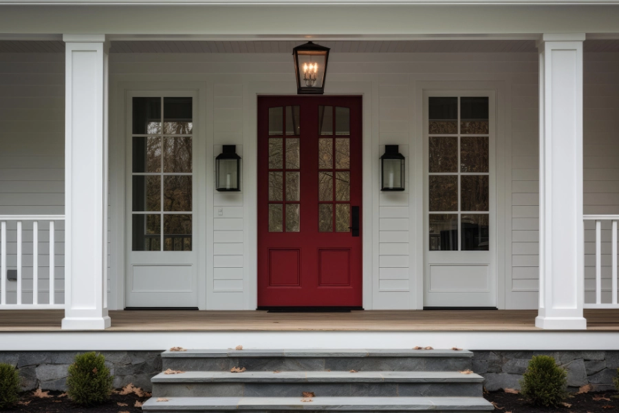 Red door of a residential home in a suburban neighborhood home.