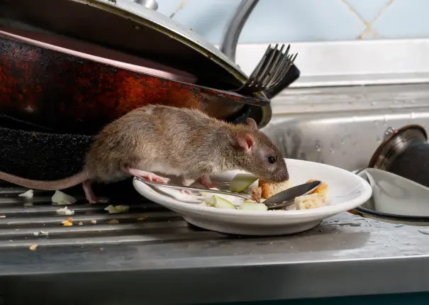A Norway Rat eating food off dirty plate in restaurant kitchen. Contact Schendel Pest Services to get rid of rats from your grocery store or food retail business.